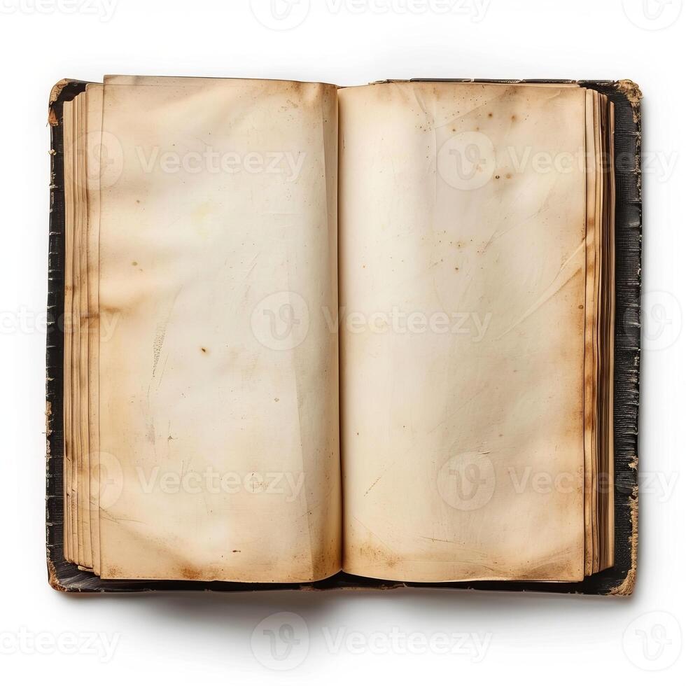 isolated an open book with visible blank pages, on white background, top view photo