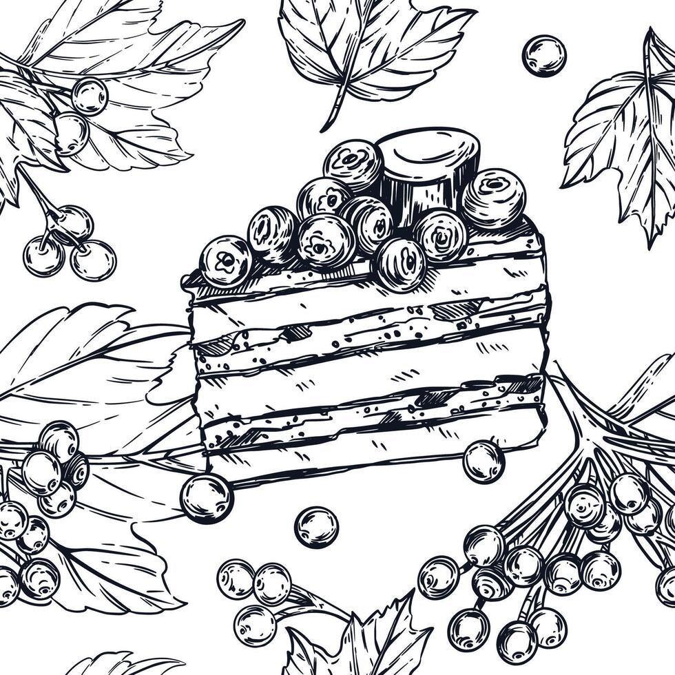 Seamless pattern of sweets and berries, a piece of cake with viburnum berries, a branch of viburnum, leaves, all objects are hand-drawn with ink. Illustration is suitable for printing, design. vector