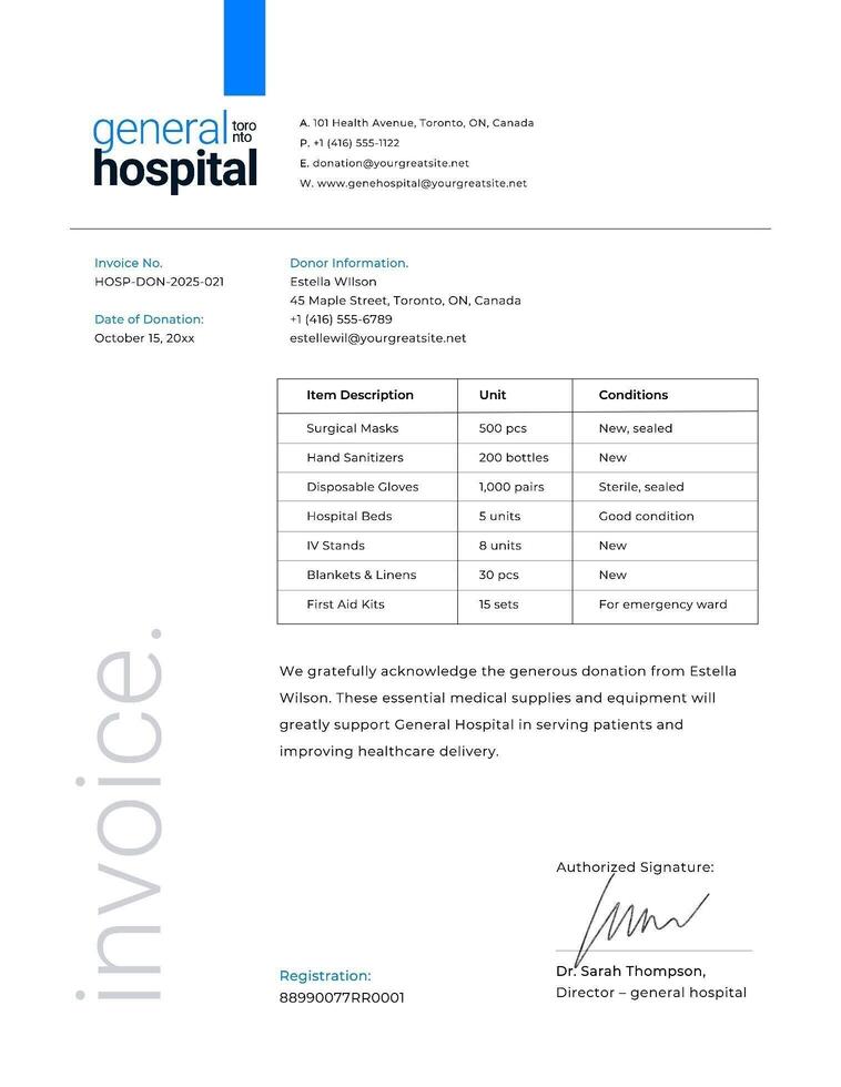 Simple Proof of Donation For Hospital Invoice template