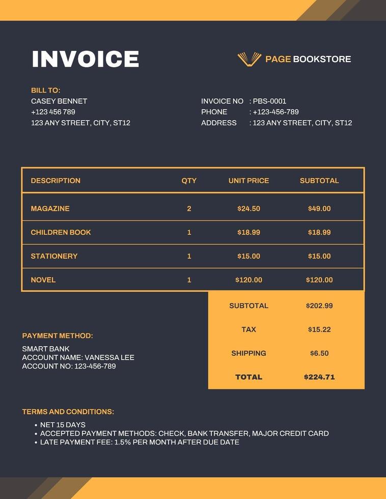 Black and Yellow Book Store Invoice template