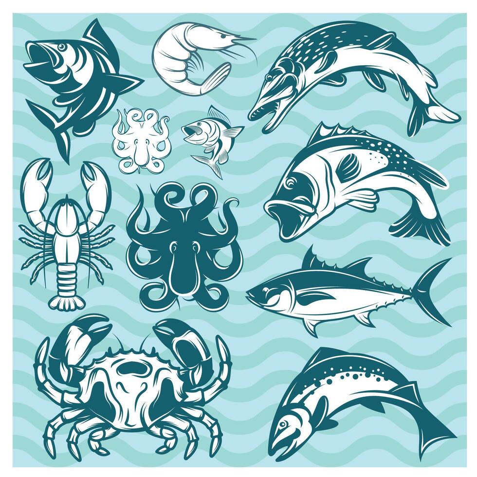 set of freshwater and marine fish and shellfish vector