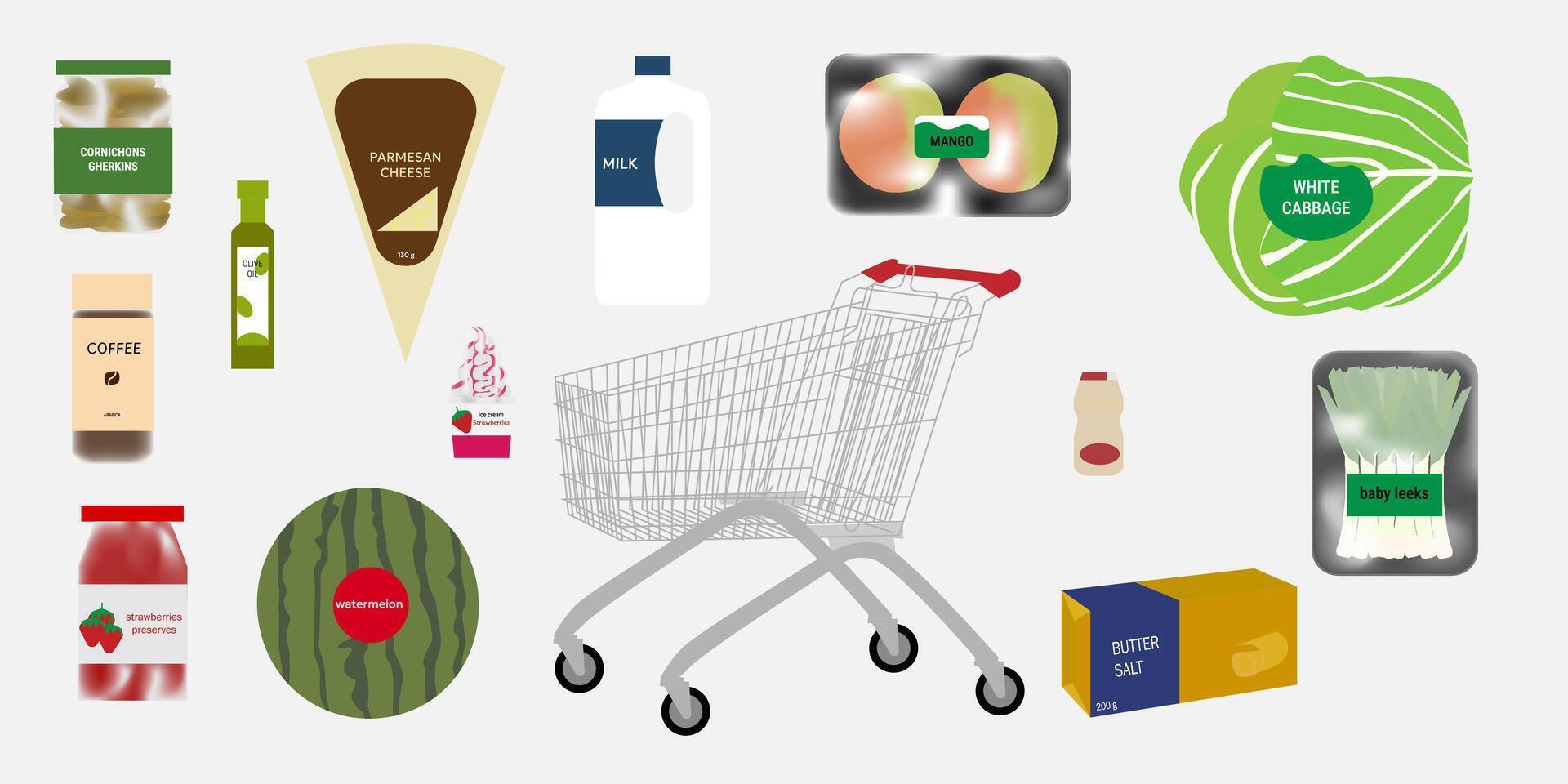 a shopping cart with various items on it vector