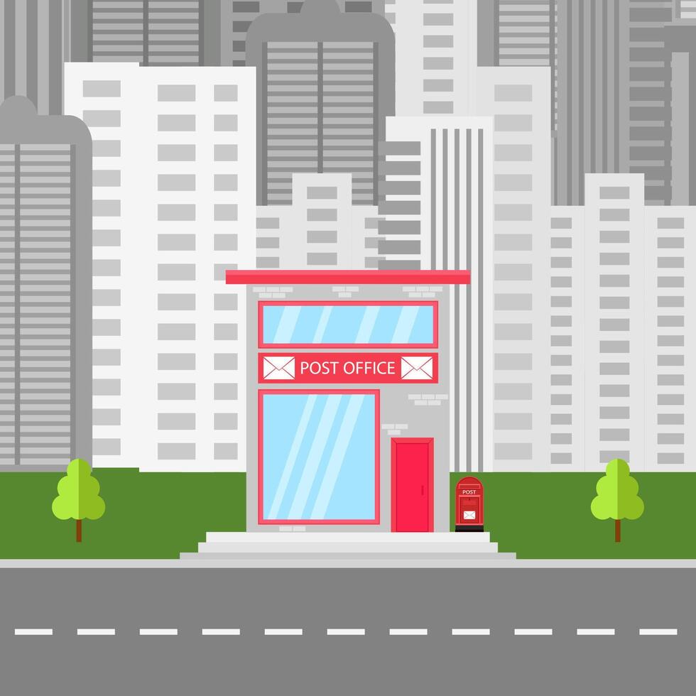 Post Office Icon with Red Mail Box on Modern Building Background. vector