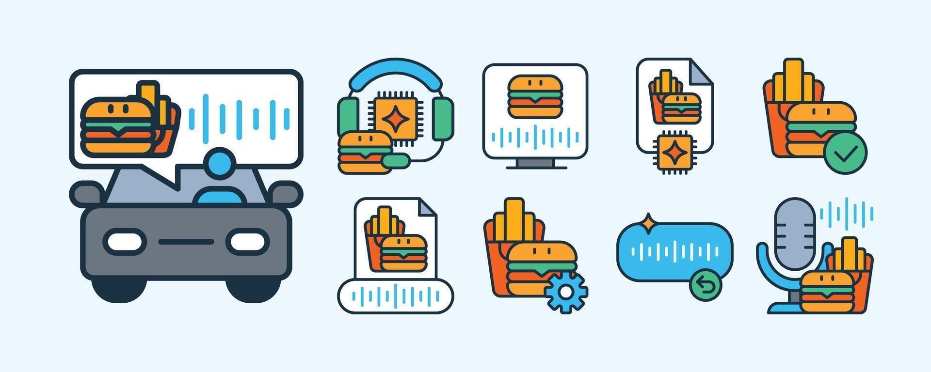 Drive-Thru AI Voice Ordering icon set for automated fast food ordering, including microphone, soundwave, chatbot reply, and smart processing for QSR restaurant app UI and digital menus vector
