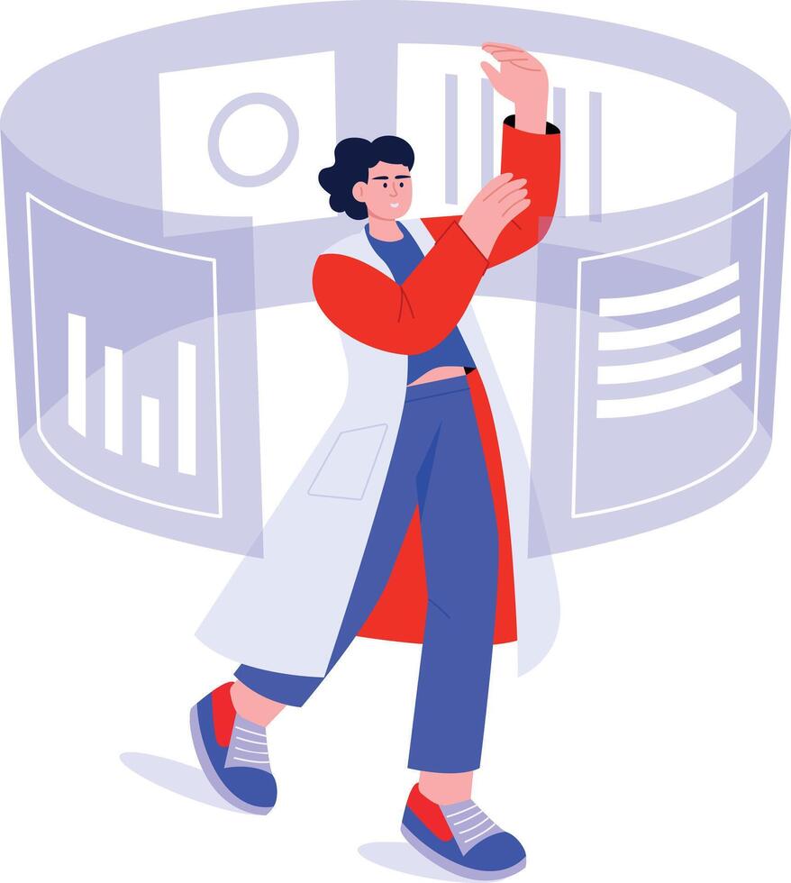 A woman in a lab coat is standing in front of a computer screen vector