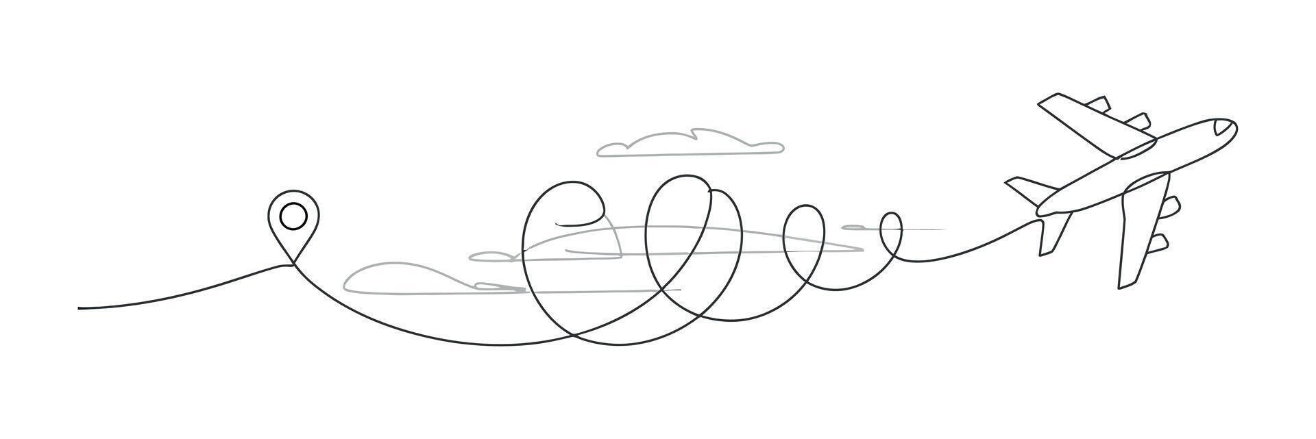 Airplane Route Destination Travel Concept with Continuous Line Path and Location Pin on White Background vector