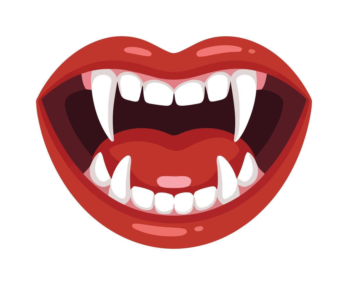 Cartoon Vampire Mouth Illustration with Sharp Fangs and Red Lips on White Background for Design vector