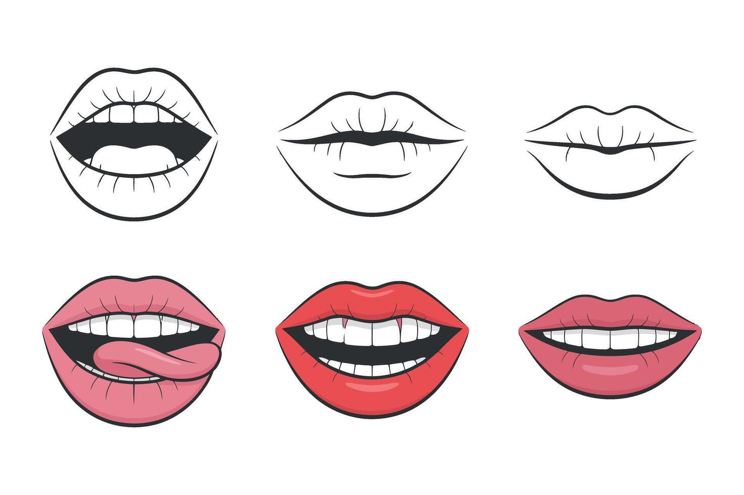 Set of Lips Illustrations with Various Styles and Colors on a Transparent Background for Graphic Design vector