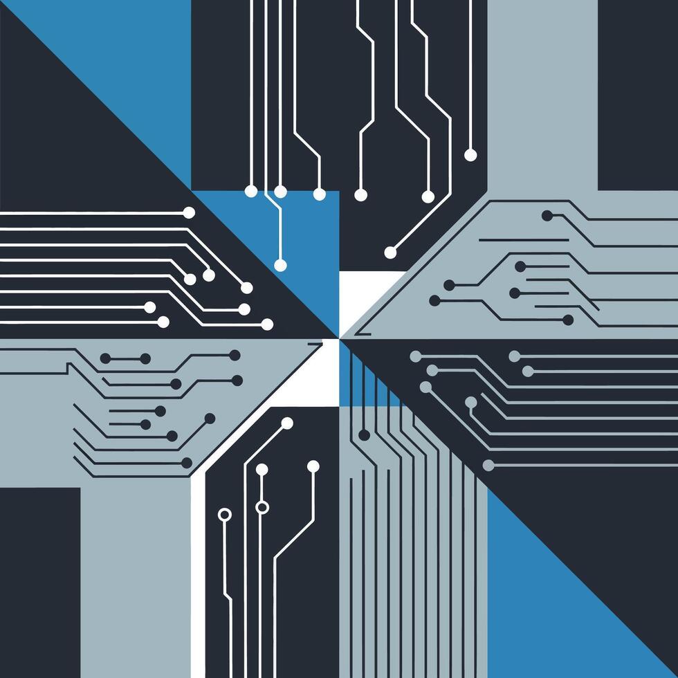 Geometric abstract digital circuit board pattern with blue and grey technology vector