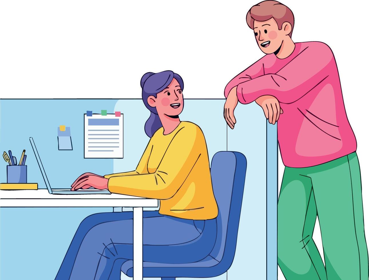 Man and Woman Working Together in Office Environment with Computer and Documents vector