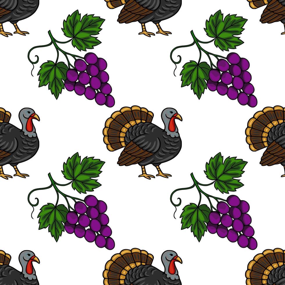 Turkey and grapes decorative pattern vector