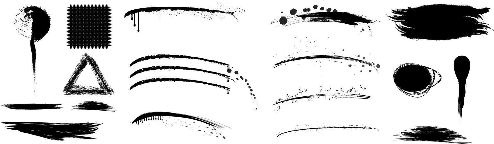 A collection of diverse black brushstroke designs displayed in various shapes and styles. These textures include lines, splatters, and abstract patterns suited for art and design applications. vector