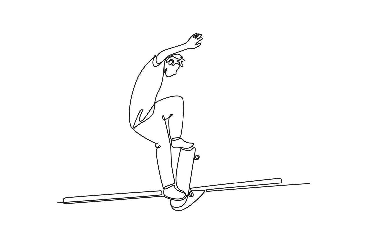 Continuous one line drawing back view man performing rail grind on a metal rail. Technical skill, balance, and energetic culture of skateboarding. Single line draw design graphic illustration vector