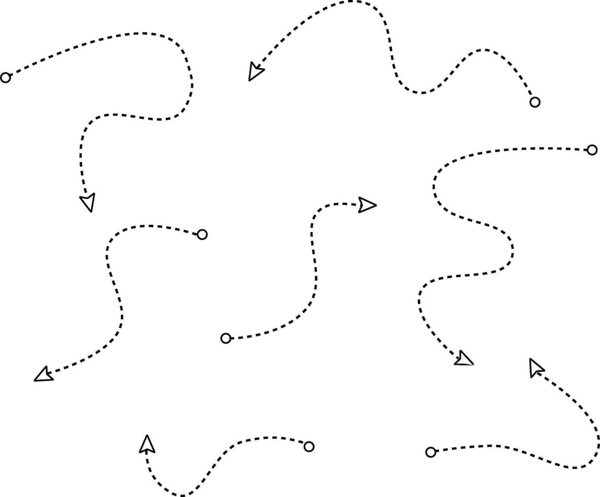 Curved Arrow Doodle Set dashed dash Hand-drawn doodle arrows with dotted and curved design vector