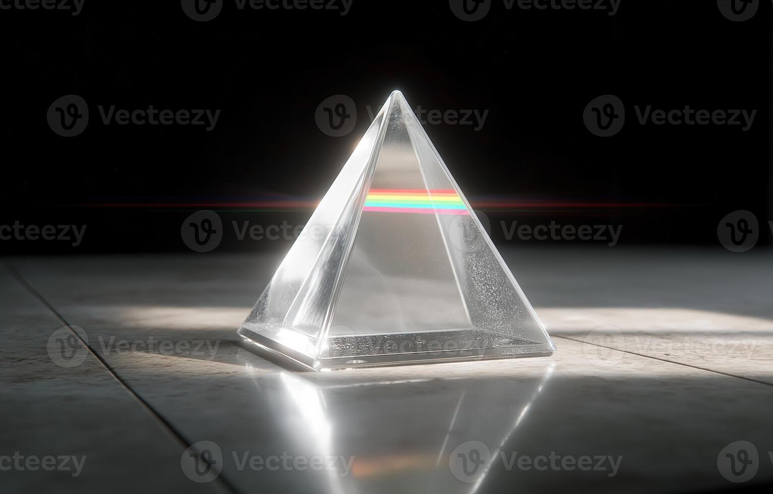 Elegant triangular prism diffracting light beams in a digital future ambiance over a dark reflective floor photo