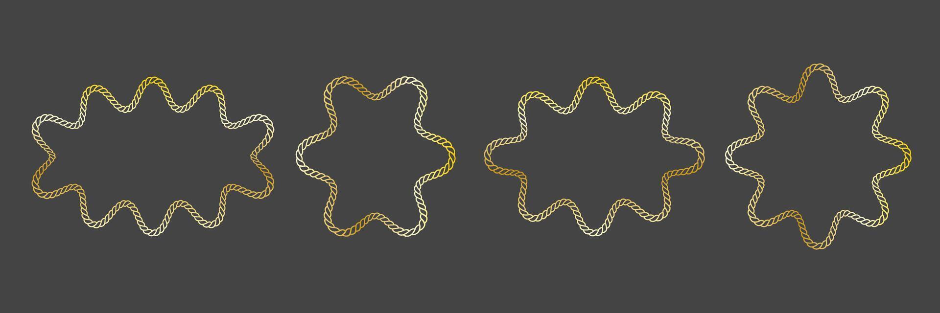 Set of decorative frames made of golden twisted rope in various star shapes. Element for certificates, awards, festive invitations, events vector