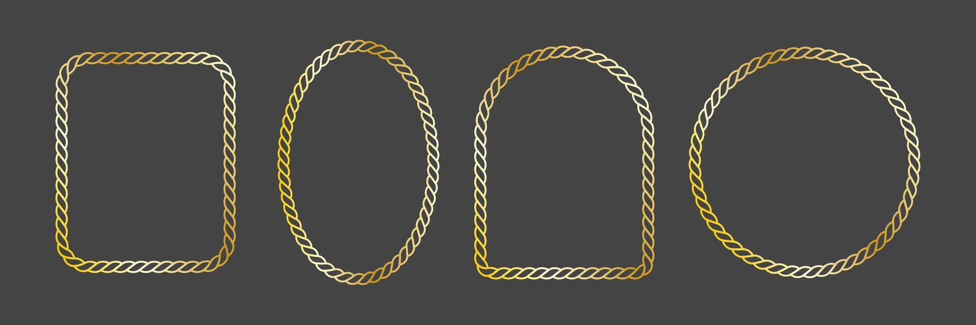 Set of decorative frames made of golden twisted rope. Includes square, oval, arch, and circle shapes vector