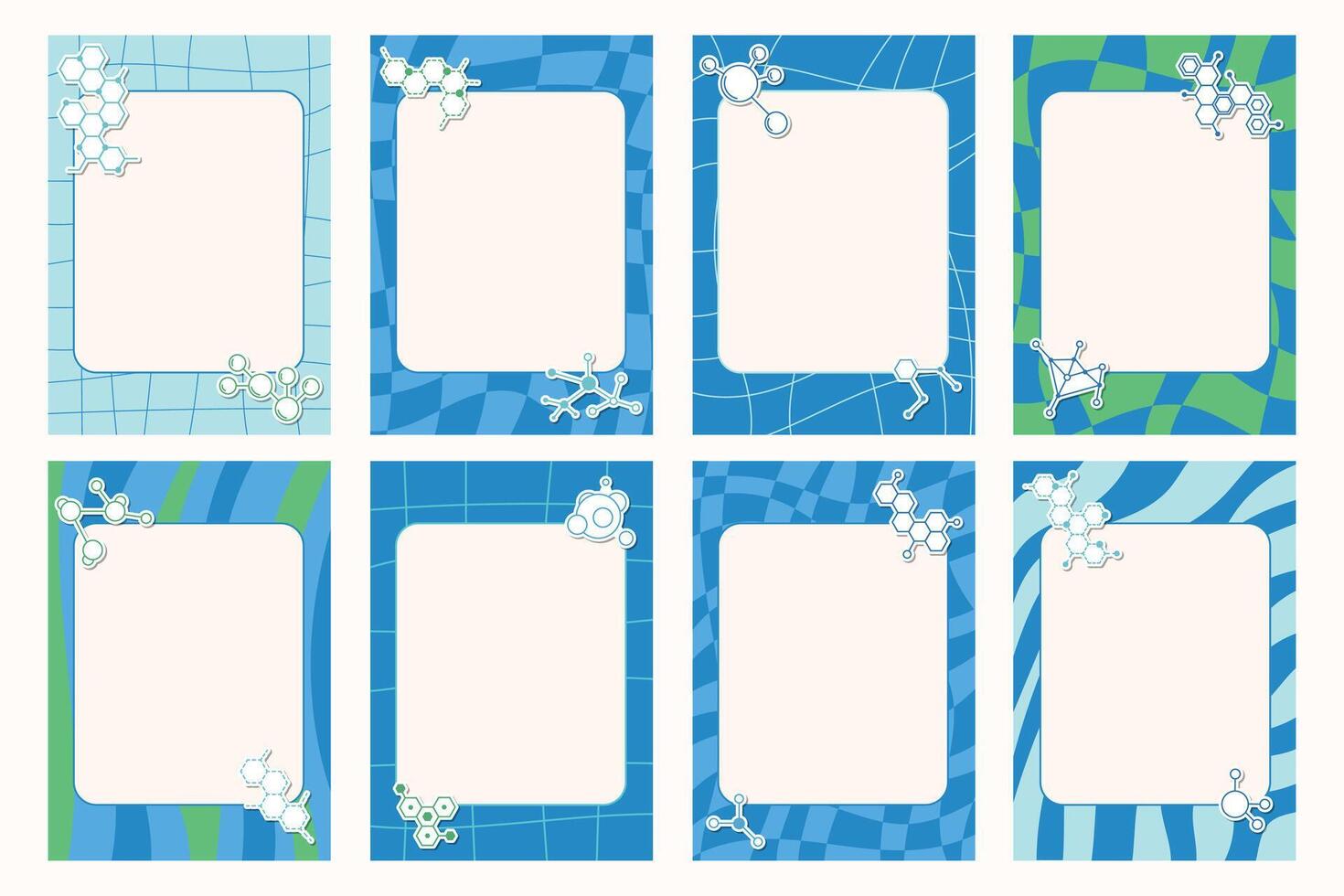 Groovy notebook sheets with molecular structures set including stickers and frames. vector