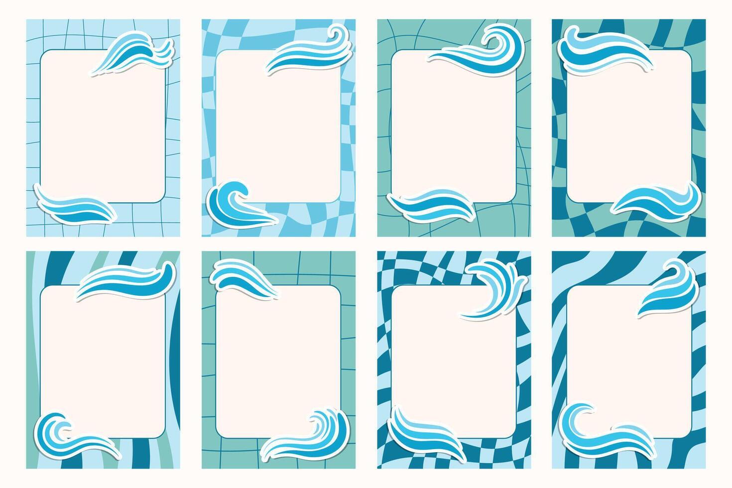 Groovy notebook sheets with water waves set including stickers and frames. vector