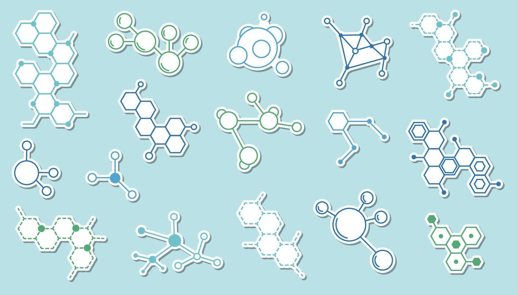 Thin line molecular structure stickers set in modern minimal style. vector
