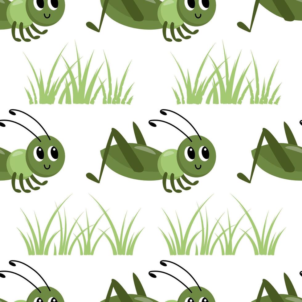 Cute grasshopper in the grass on a white background. Seamless pattern illustration for printing on fabric, wrapping paper, wallpaper. vector