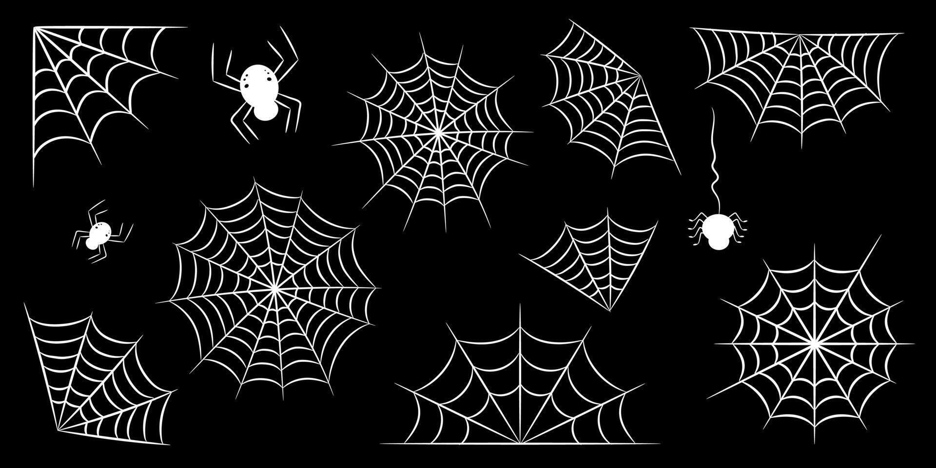 Halloween spider web set. Spiderweb desing elements - frame, border, corner for Helloween decor. Spooky illustration. Isolated on black Background. Cute Insect Element Set. vector