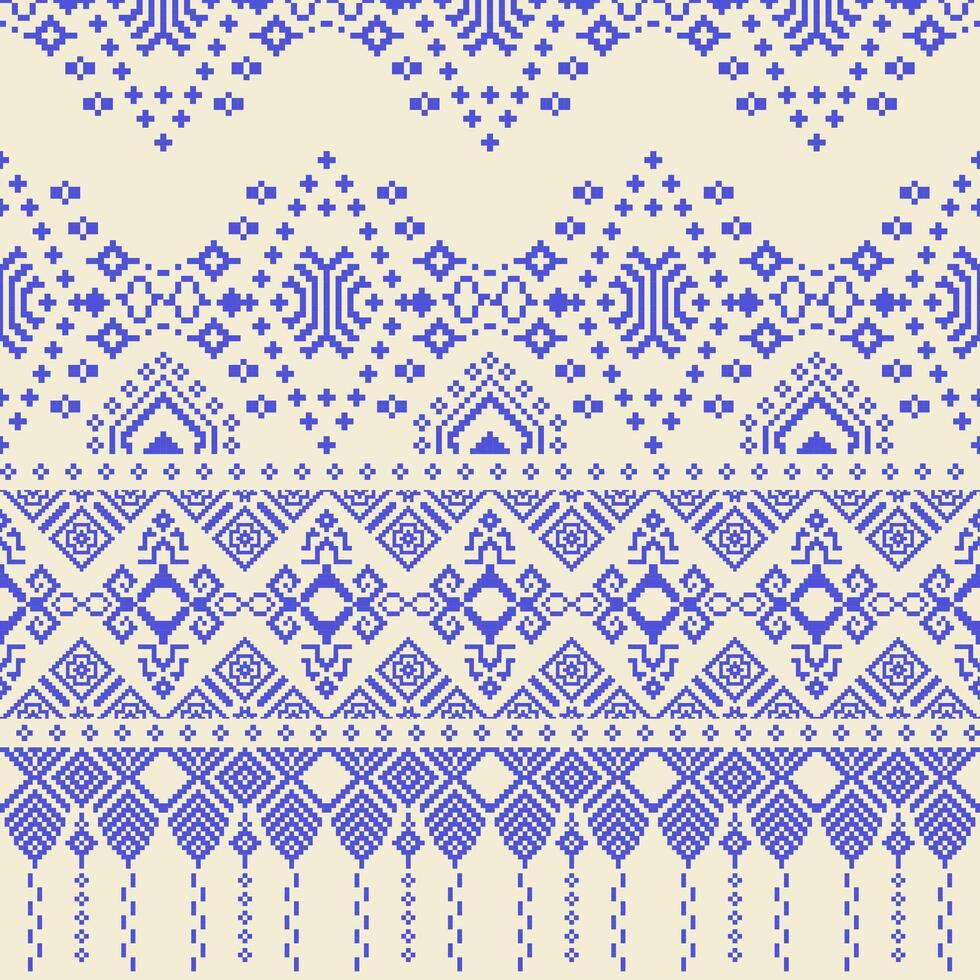 Thai fabric pattern in blue pixel style, abstract background vector