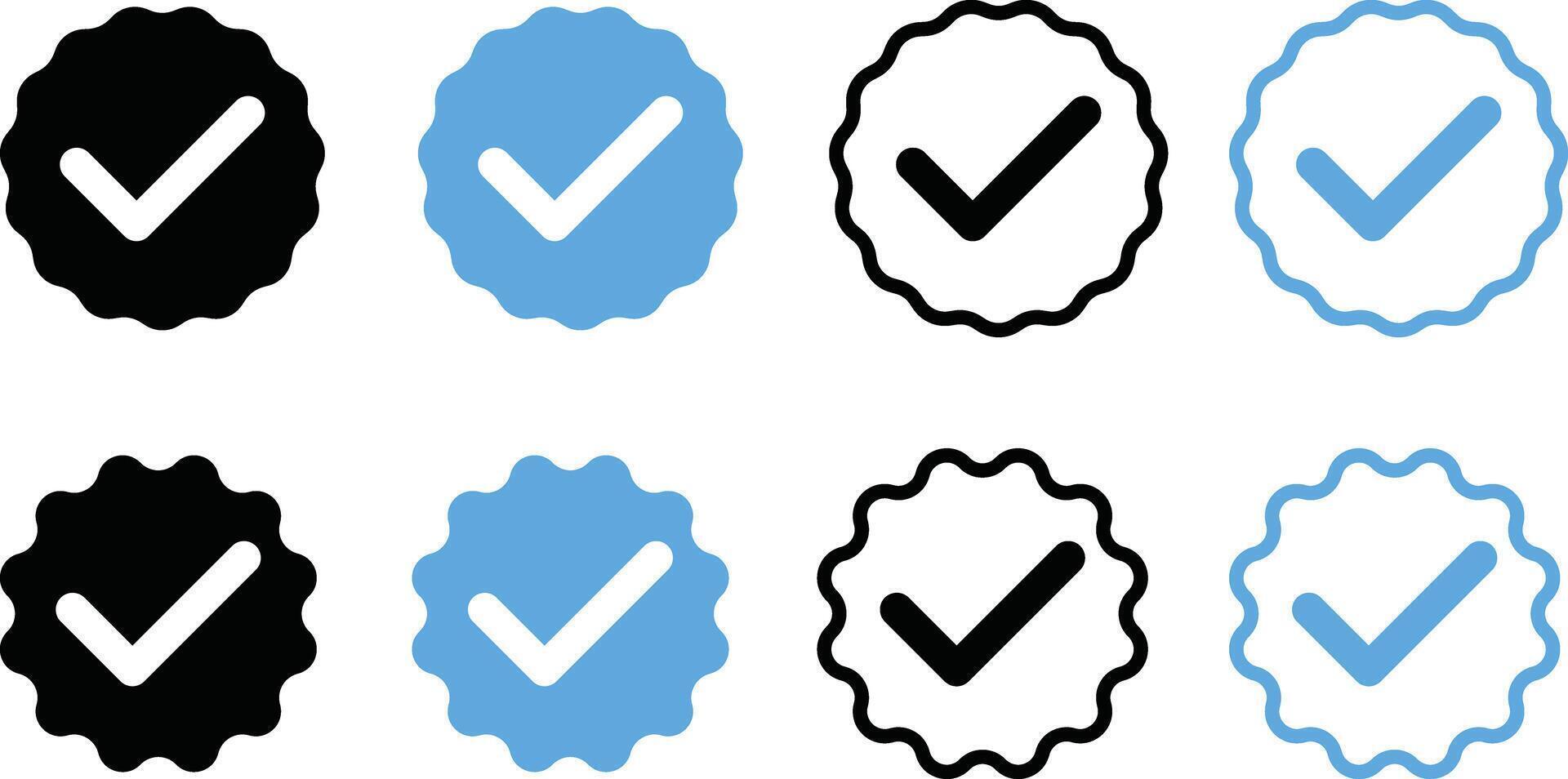 Checkmark icon set. Blue check mark icon set. Verified account symbol. Verification badge symbolizing success. Approved profile sign vector