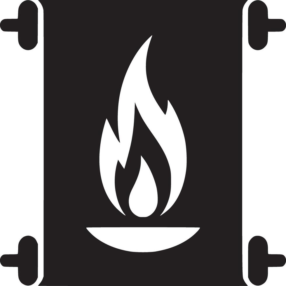A black and white graphic of a scroll with a flame burning above a small dish in the center vector