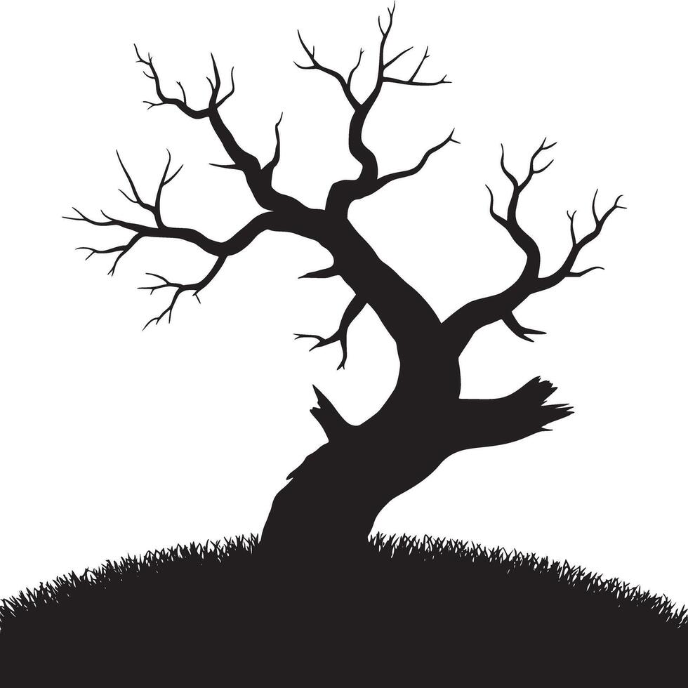 Silhouette of a bare tree with branches on a hill against a white background in a simple illustration vector