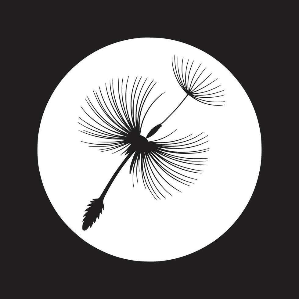Silhouette of a dandelion seed head against a white circle on a black background design element vector
