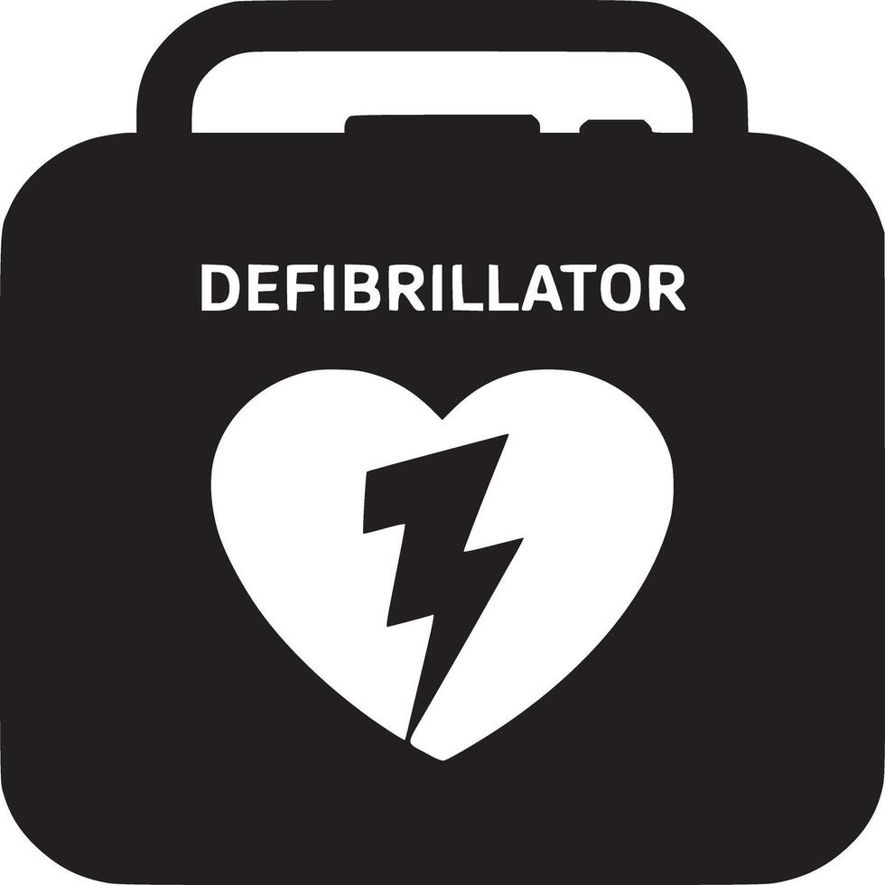 A black and white defibrillator icon with a heart and lightning bolt on a white background design style vector