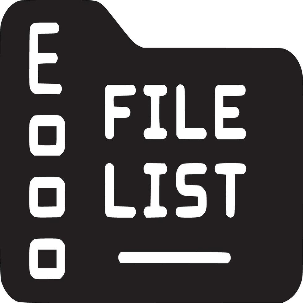 A black and white file list icon with a folder shape and text on a white background simple design vector