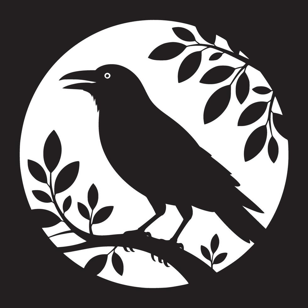 Silhouette of a crow perched on a branch against a white circle with a black background design element vector