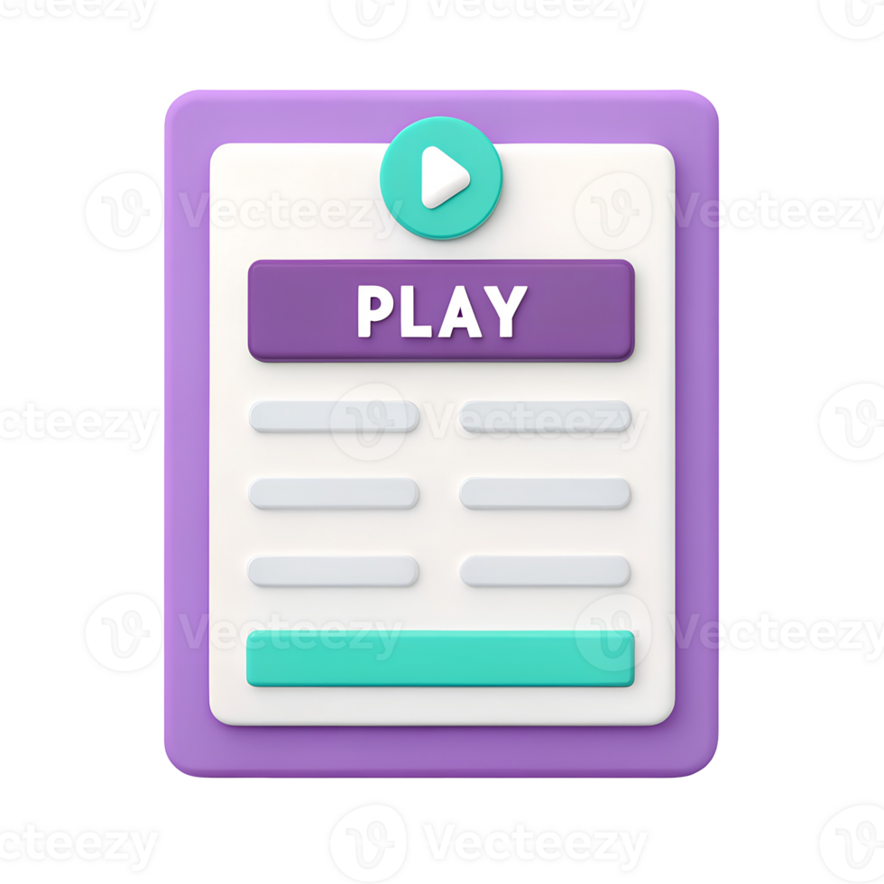 3d stylized digital interface with play button and list isolated on transparent background png