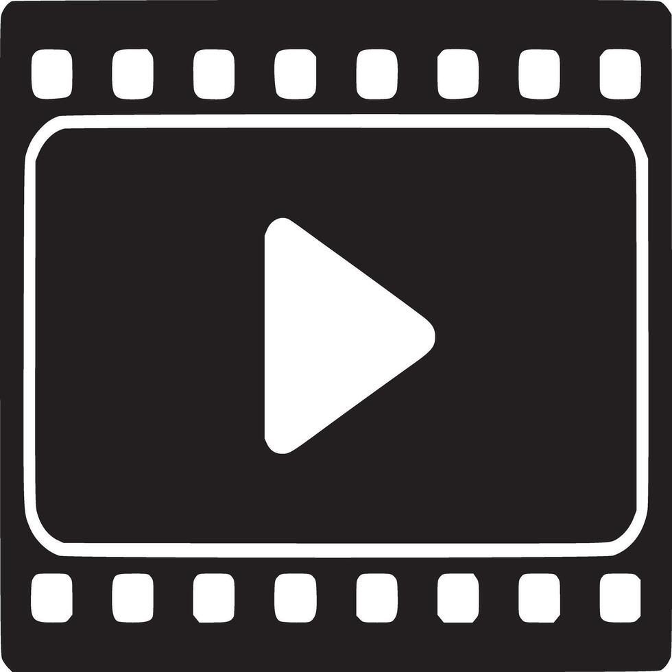 A black film strip with a white play button in the middle on a white plain background view vector