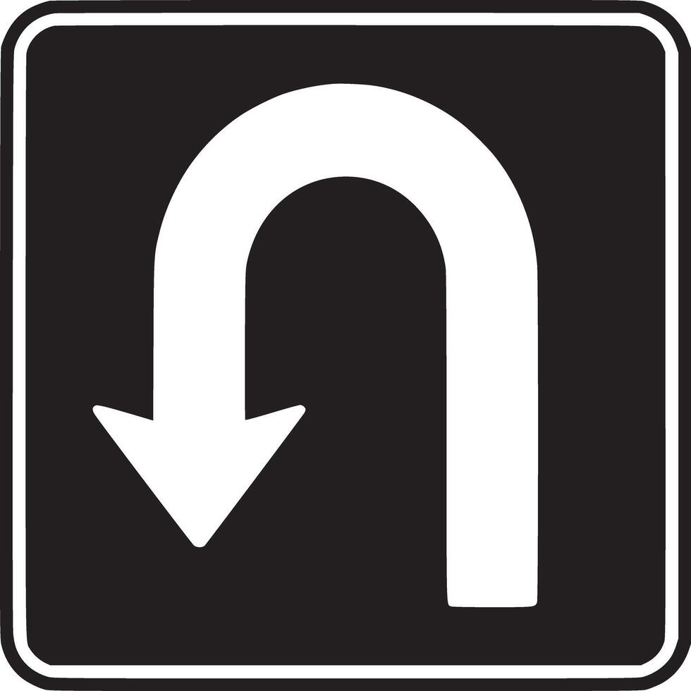 A black square sign with rounded corners featuring a white u turn arrow pointing downwards in the center vector