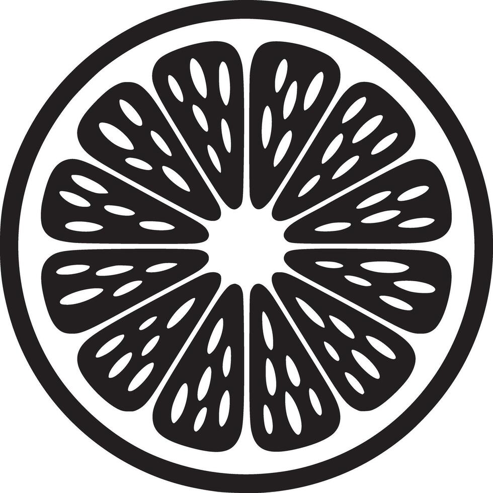 Black and white graphic illustration of a sliced citrus fruit with visible segments and seeds vector