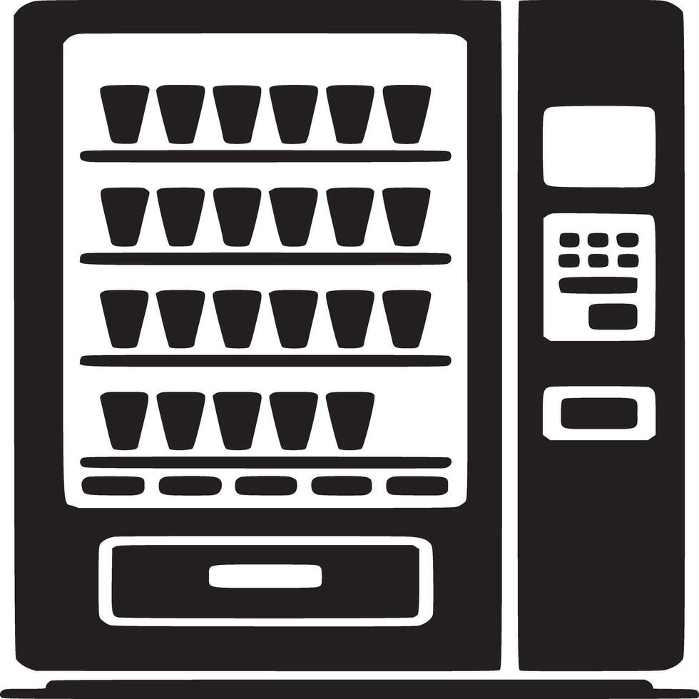 A black and white vending machine filled with cups displayed on shelves in a minimalist style graphic vector