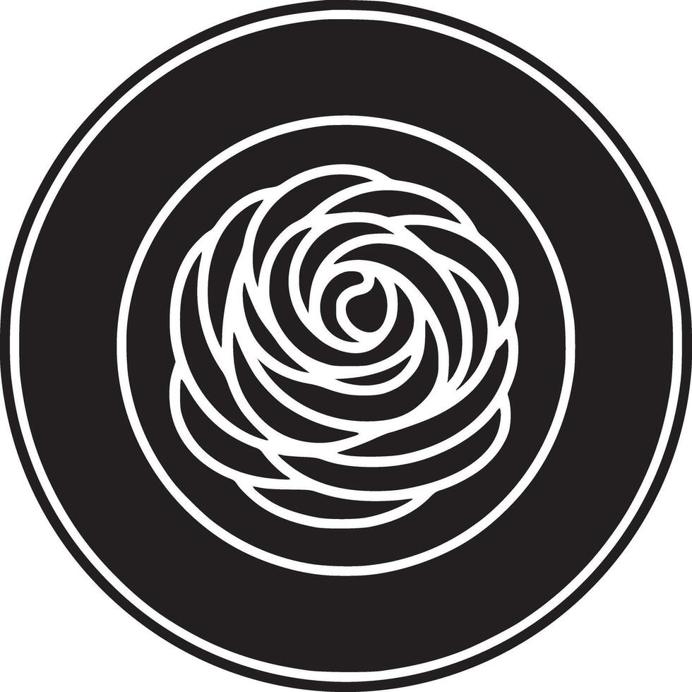 A black circle containing a white rose like design with a white background in a minimalist style vector