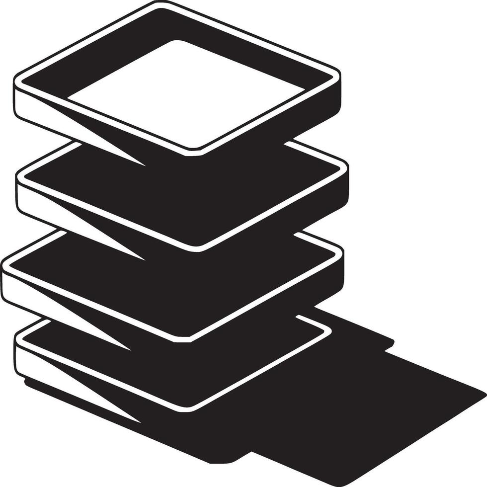 Isometric view of a stack of four square shapes with rounded corners and black shadow casting below vector