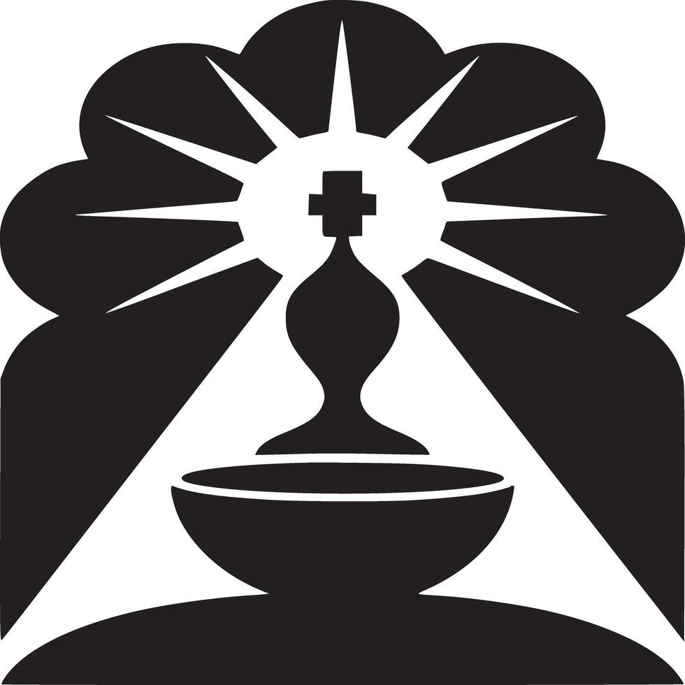 Black and white chalice with cross and rays of light inside an archway illustration design art vector