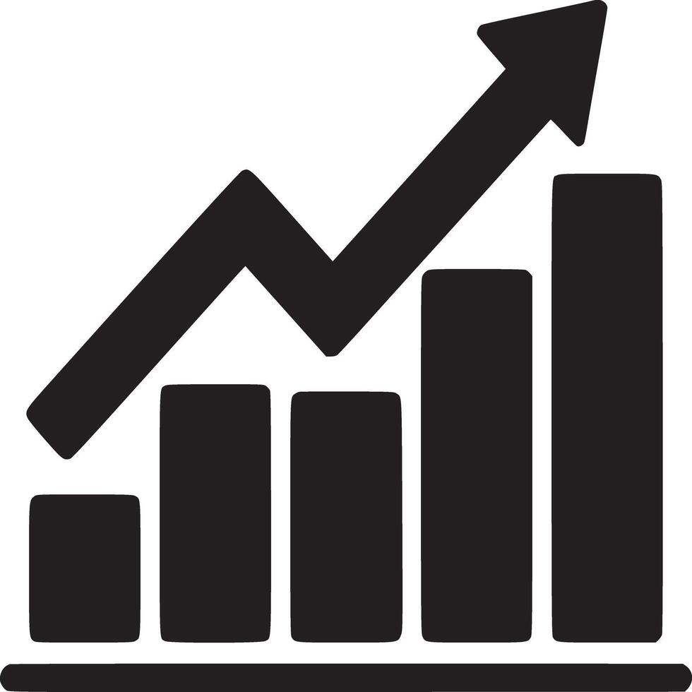 Black and white illustration of a bar graph with an upward trending arrow indicating growth and progress vector
