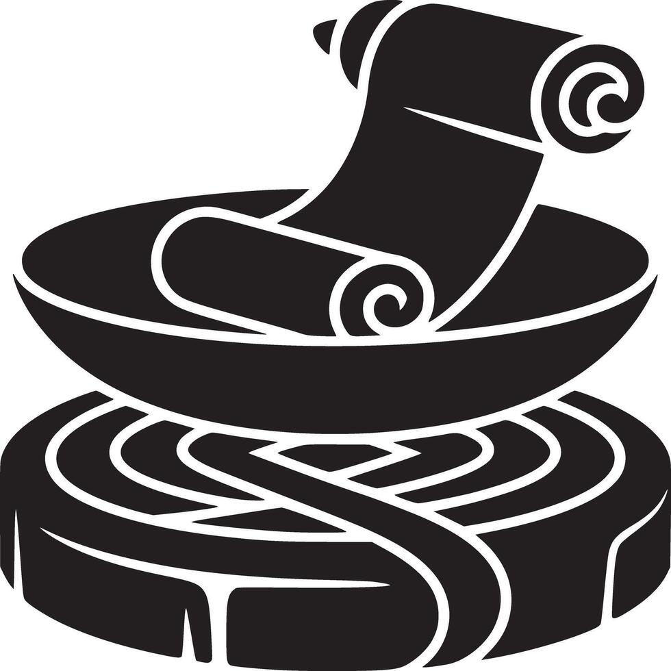 Black and white graphic of a scroll in a bowl on top of a coiled object on a white background vector