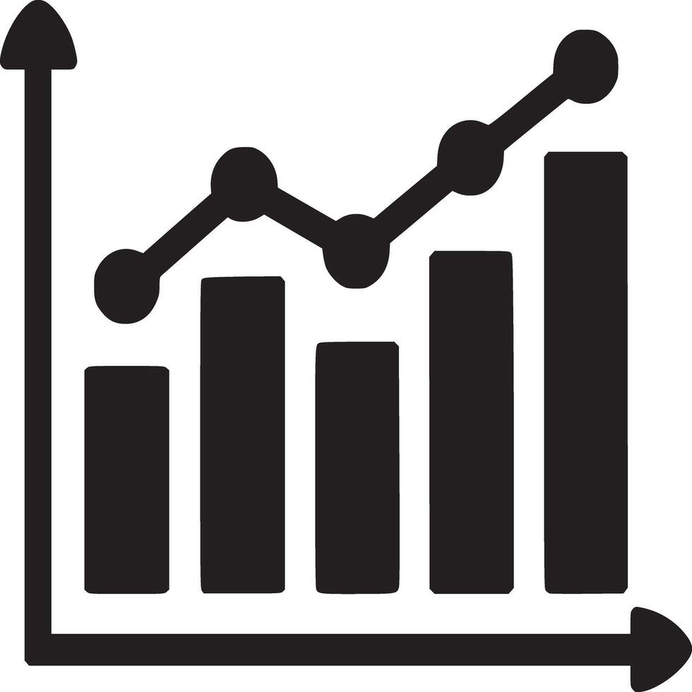 A black and white graph showing an upward trend with bars and a line with circular points graph icon vector