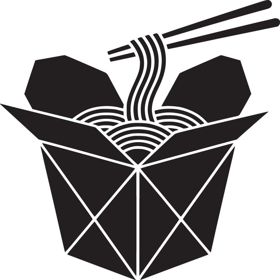 Black and white graphic of a takeout box filled with noodles and chopsticks on a white background vector