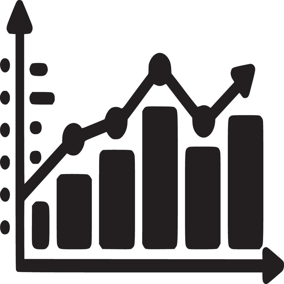 Black and white illustration of a bar graph with an upward trending line and axis arrows shown vector