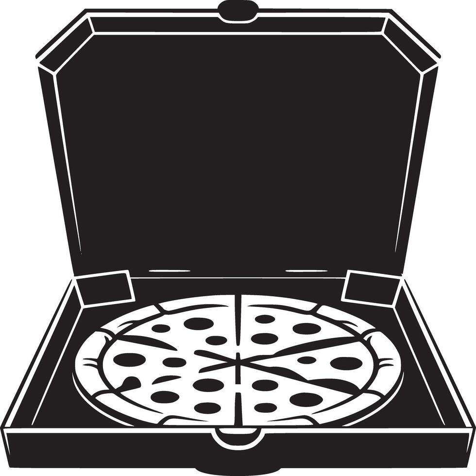 Black and white graphic of a pizza in an open pizza box with visible slices and toppings design vector