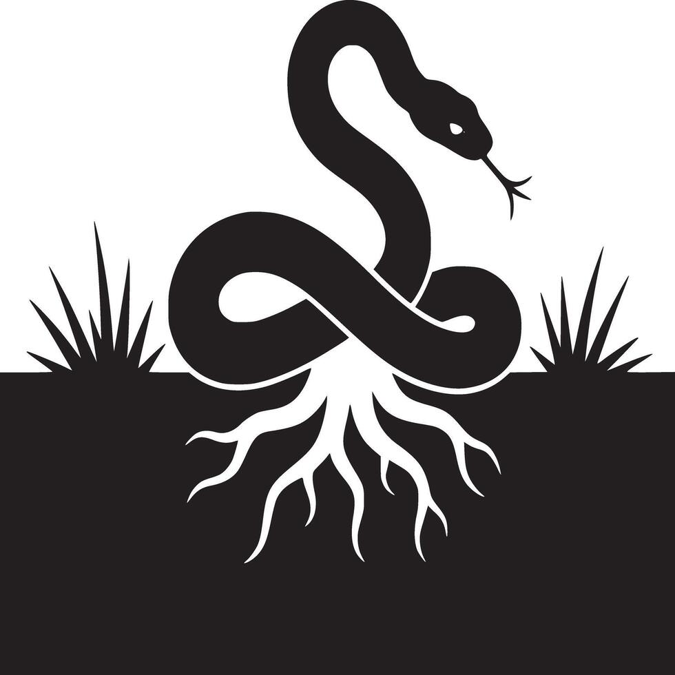 A black and white image of a snake with roots and grass on a split background illustration style vector