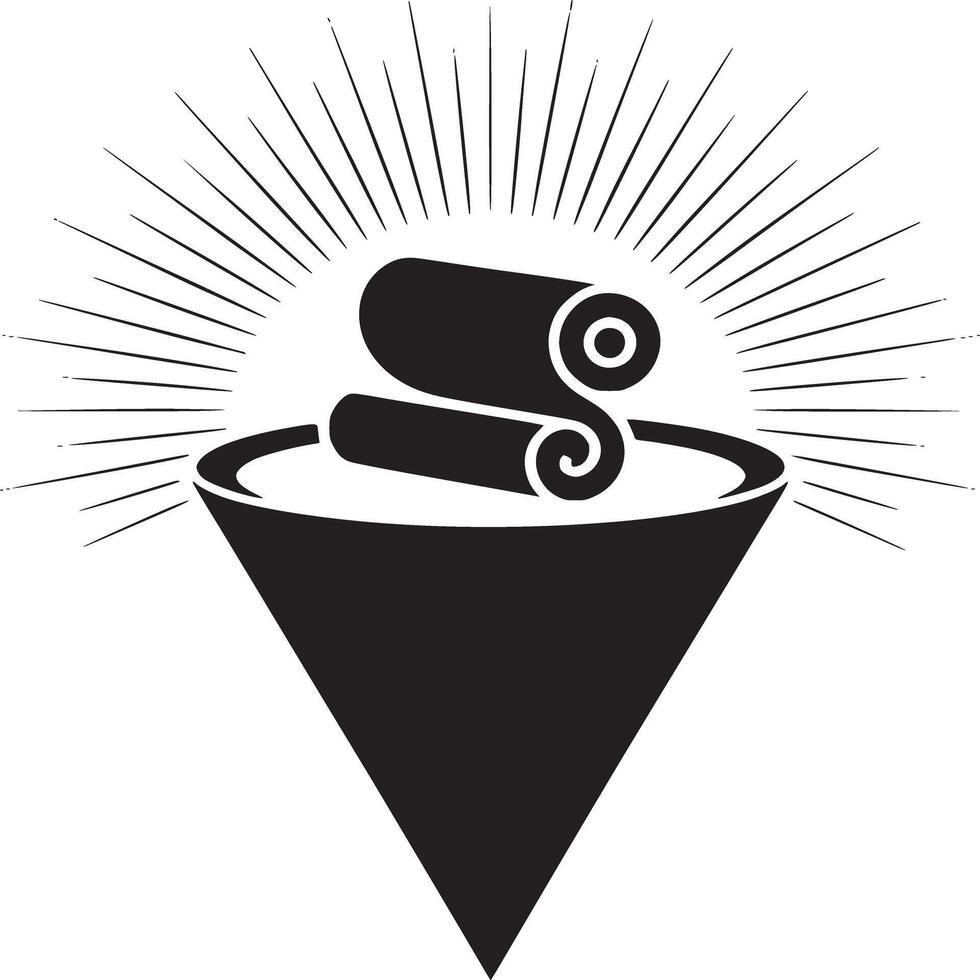 A black and white graphic of scrolls in a cone with radiating lines above it on a white background vector